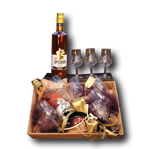 Geschenkbox mit einer Flasche Speuken Fusel und Shotgläsern