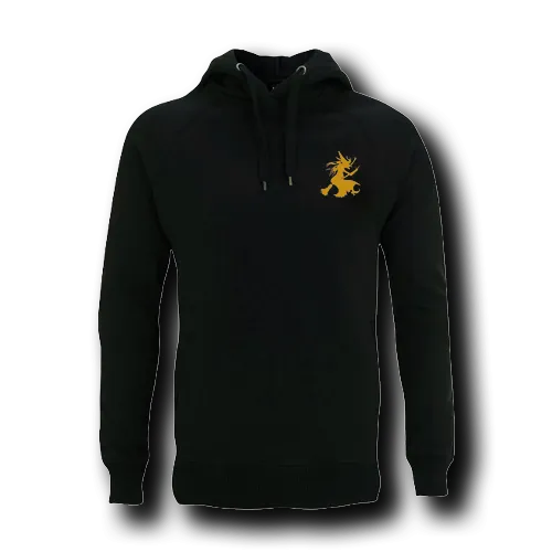 Schwarzer Hoodie mit goldenem Hexenlogo auf der Brust