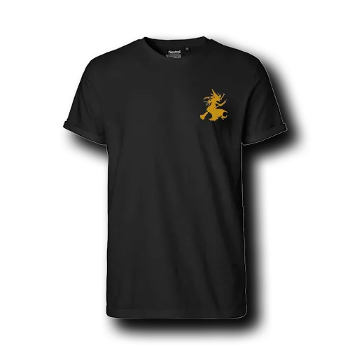 Schwarzes T-Shirt mit goldenem Hexenlogo auf der Brust
